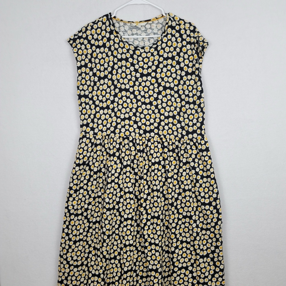 Boden Yellow Black Floral Midi Slip on Dress 100% cotton 14 Long - Picture 3 of 11
